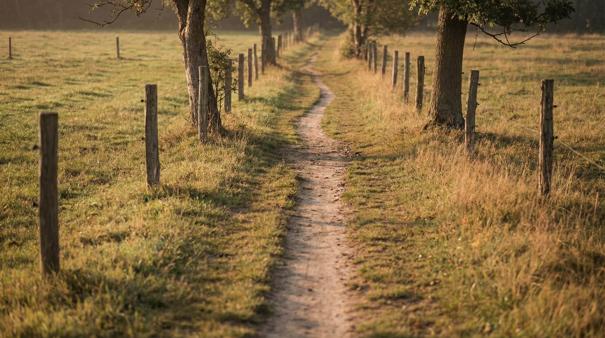A narrow worn dirt path winding forward between old fence posts and trees in warm afternoon light through a tended rural landscape