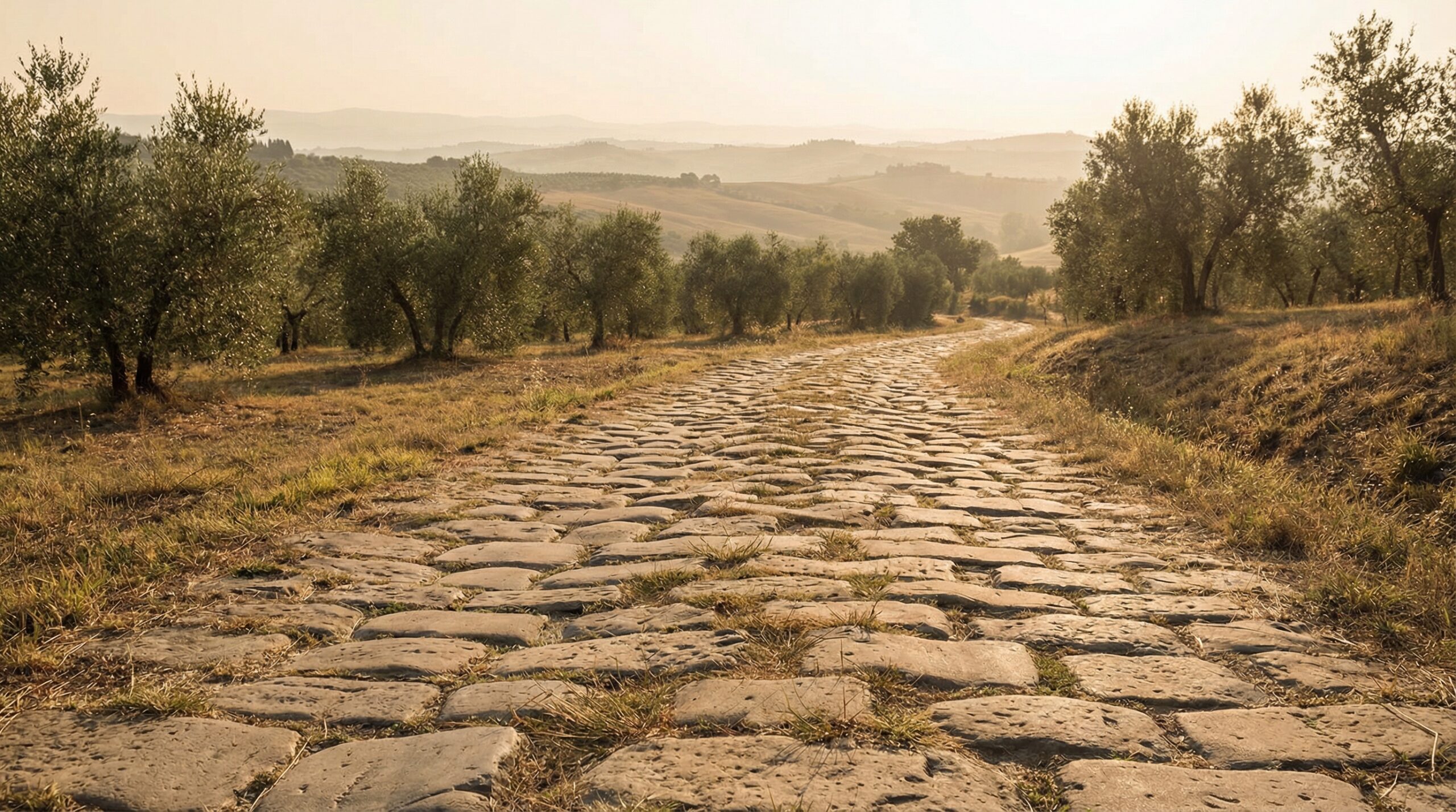 An ancient Roman cobblestone road moving forward through an olive grove toward rolling hills in soft warm morning haze