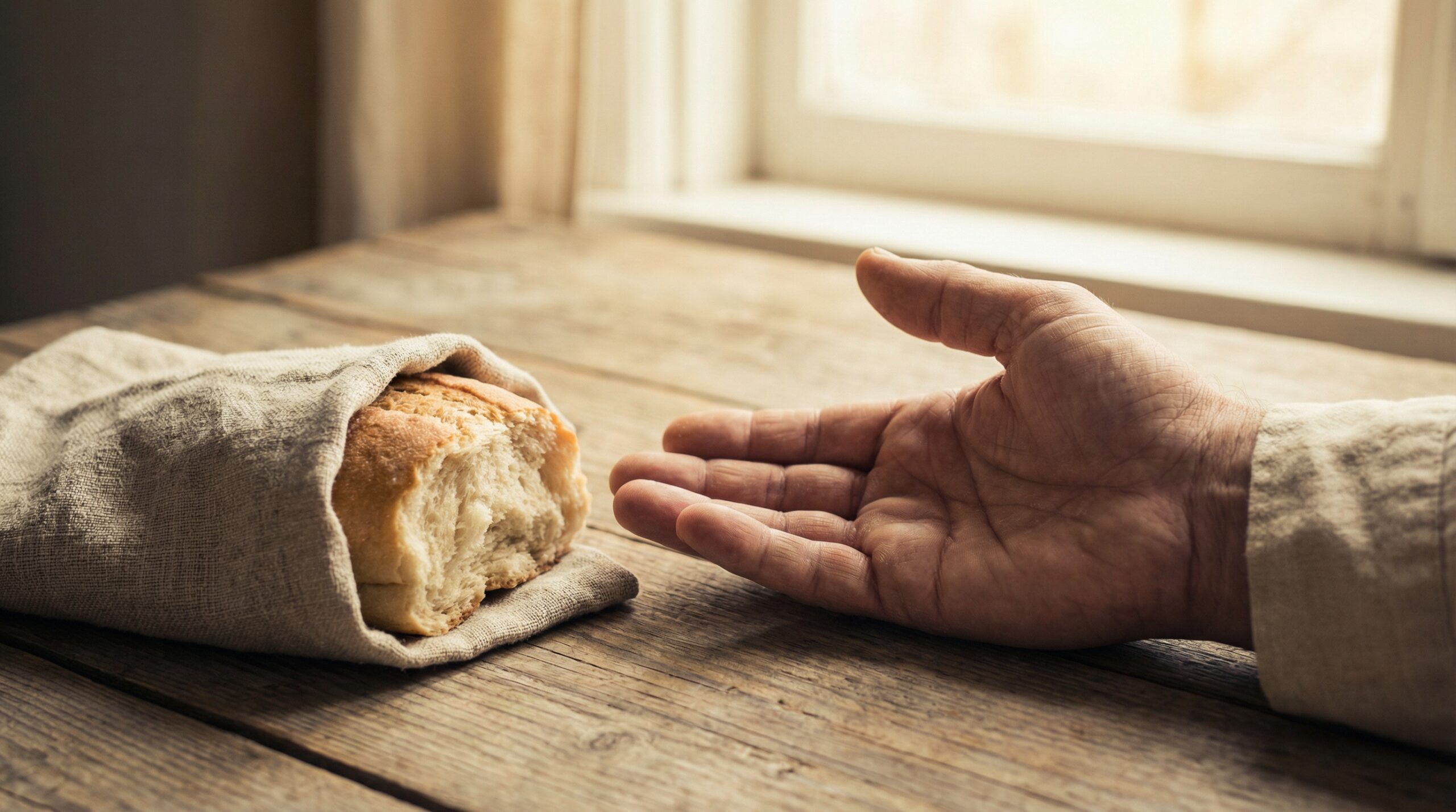 An open hand resting palm-up on a worn wooden table beside a broken roll of bread in linen cloth, in soft morning window light