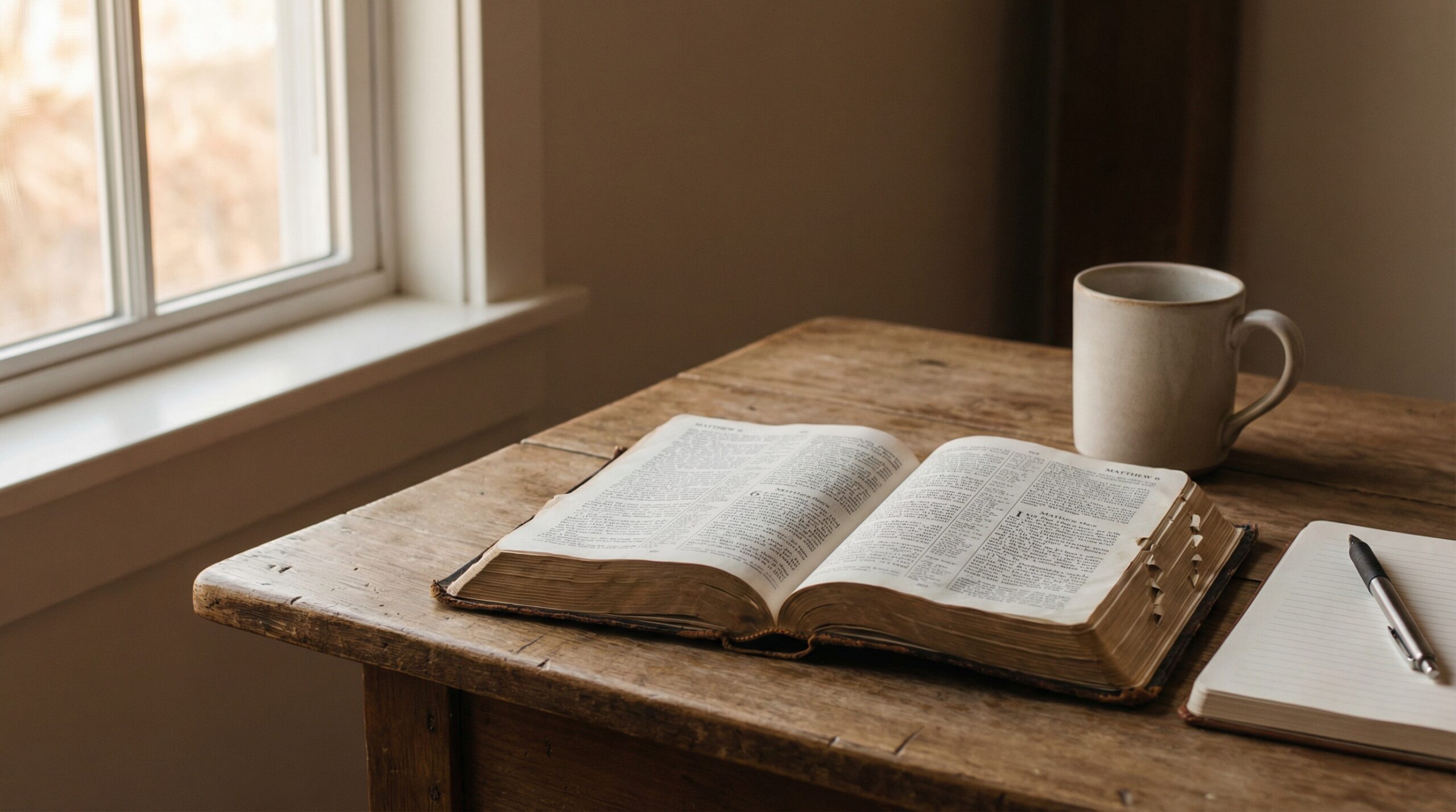 An open Bible resting on a worn wooden table beside a simple ceramic mug in soft morning window light, with a notebook and pen nearby
