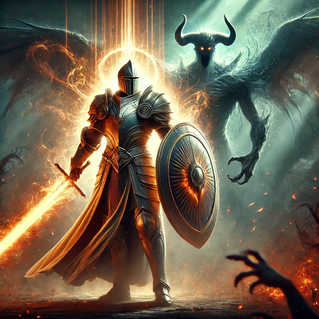 Spiritual Warfare: A Christian warrior clad in the full armor of God stands firm on a battlefield, surrounded by dark, shadowy demonic forces. His armor glows with divine light, and he holds the sword of the Spirit while a large shield deflects fiery arrows. The stormy sky symbolizes the ongoing spiritual battle between good and evil.