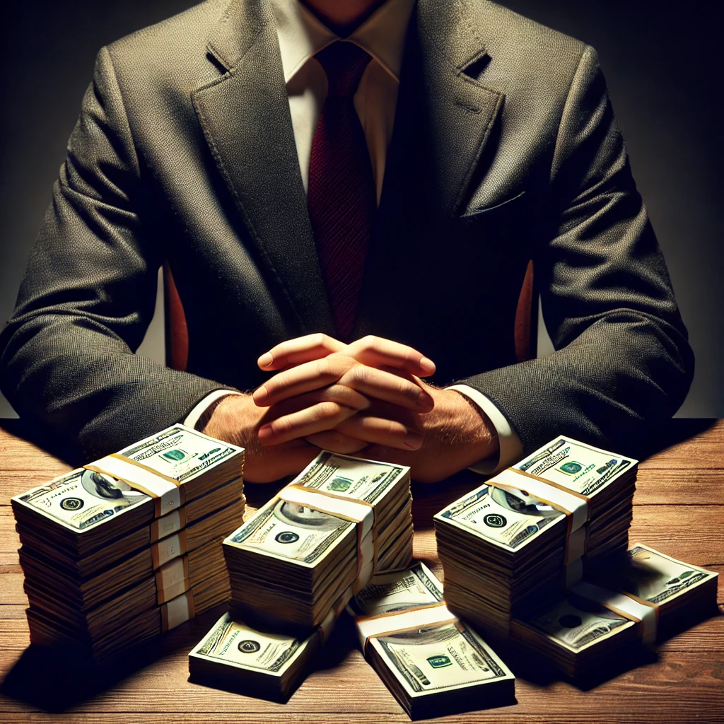 A well-dressed man sits behind stacks of currency, his hands resting near the money. The dim lighting creates a contrast between the wealth before him and the shadowy background, symbolizing the spiritual danger of riches and the struggle between material security and wholehearted devotion to Christ.