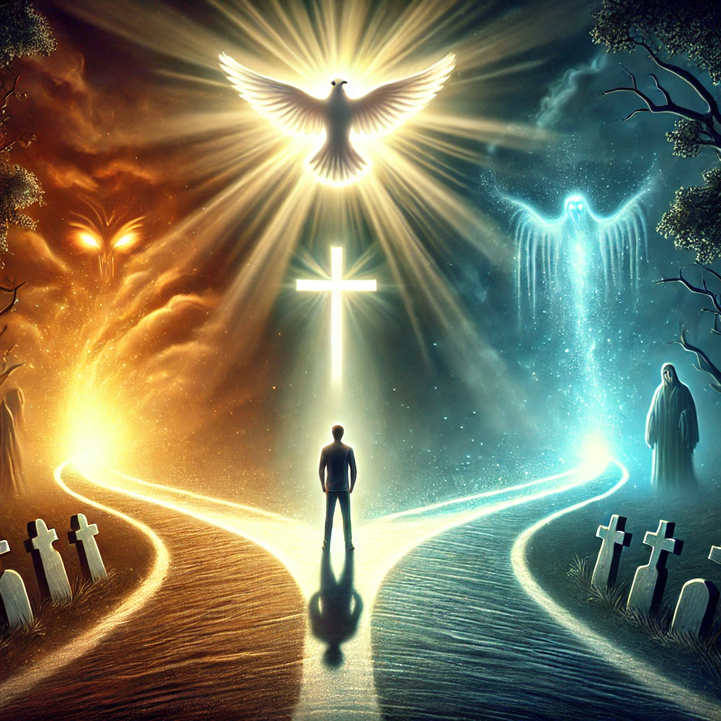 Person standing at a spiritual crossroads, testing the spirits, facing two glowing paths—one bright and leading to a cross, the other dark with eerie figures. A radiant dove shines light on the correct path, symbolizing the Holy Spirit guiding discernment.