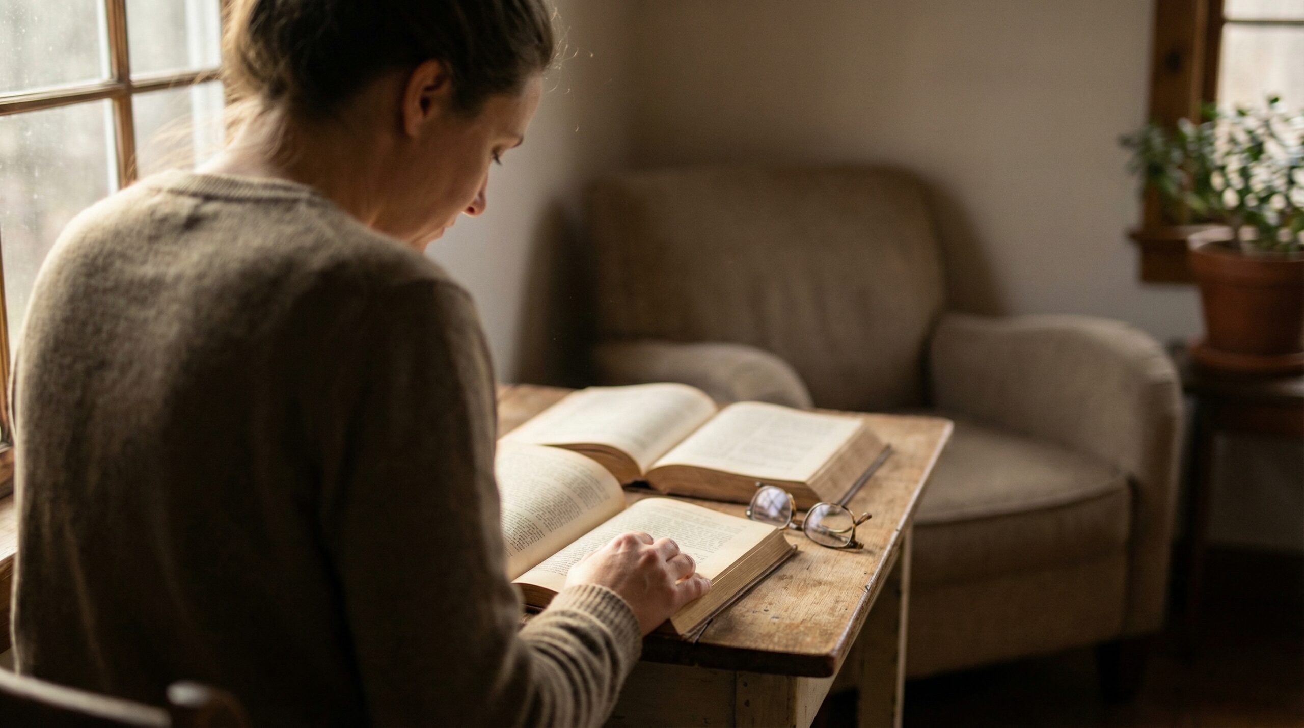 Woman seated at a wooden table reading two open books, seen from behind in soft window light with glasses resting beside her