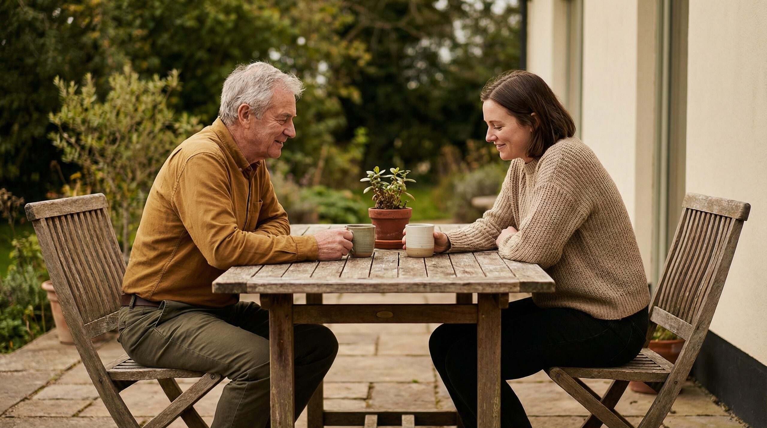 Older man and younger woman seated across from each other at a weathered outdoor table with mugs, smiling in quiet conversation in a garden setting