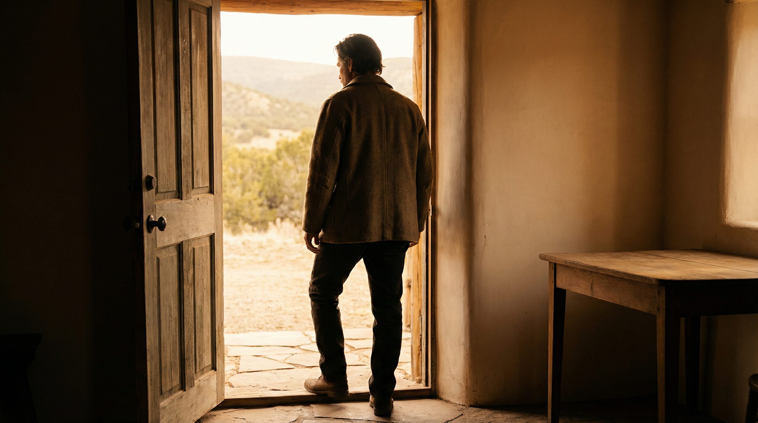 Man standing in an open doorway looking out over a sunlit landscape, seen from behind in warm golden light
