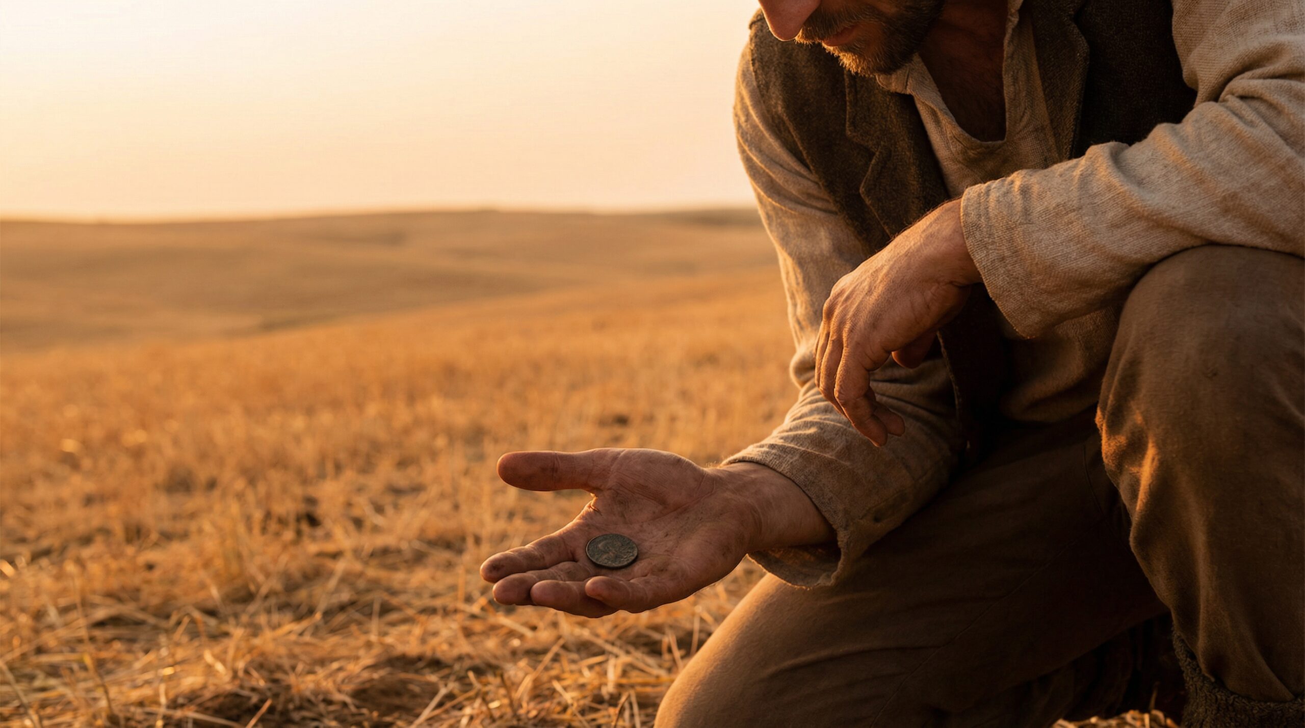 Man crouching in a golden harvested field, holding an old coin in an open palm, looking at it carefully