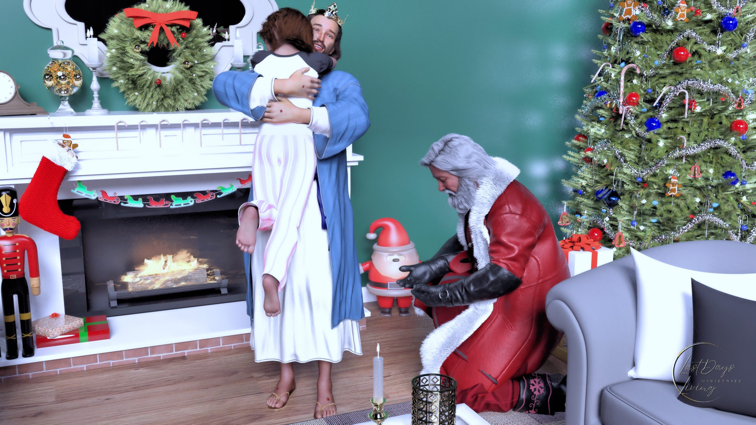 Living Room Christmas scene with Jesus and Santa Claus