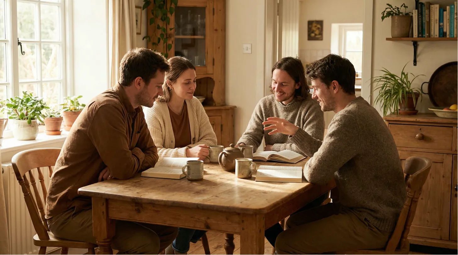 Four people seated around a wooden kitchen table with open books and mugs, in warm natural light, engaged in genuine conversation