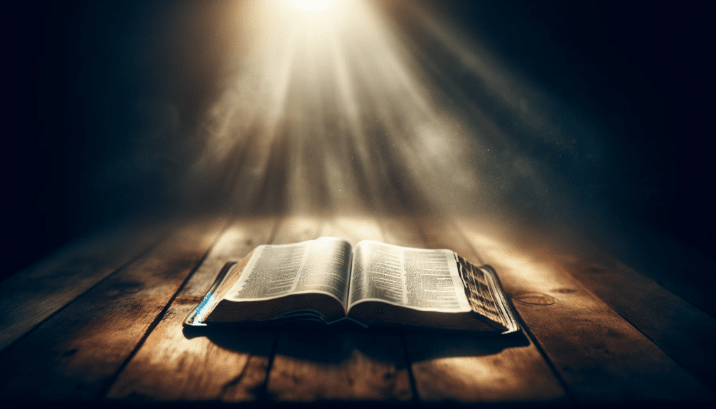 An image that symbolizes deep biblical reflection and insight, focusing on an open Bible resting on a wooden table, with soft light illuminating its pages