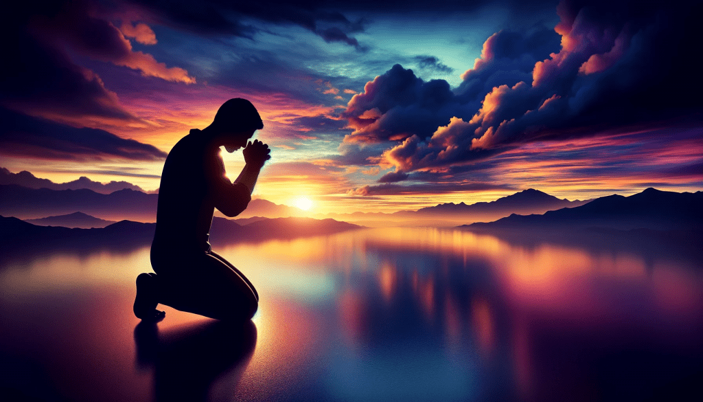 Man kneeling in prayer as the end times approach on the horizon