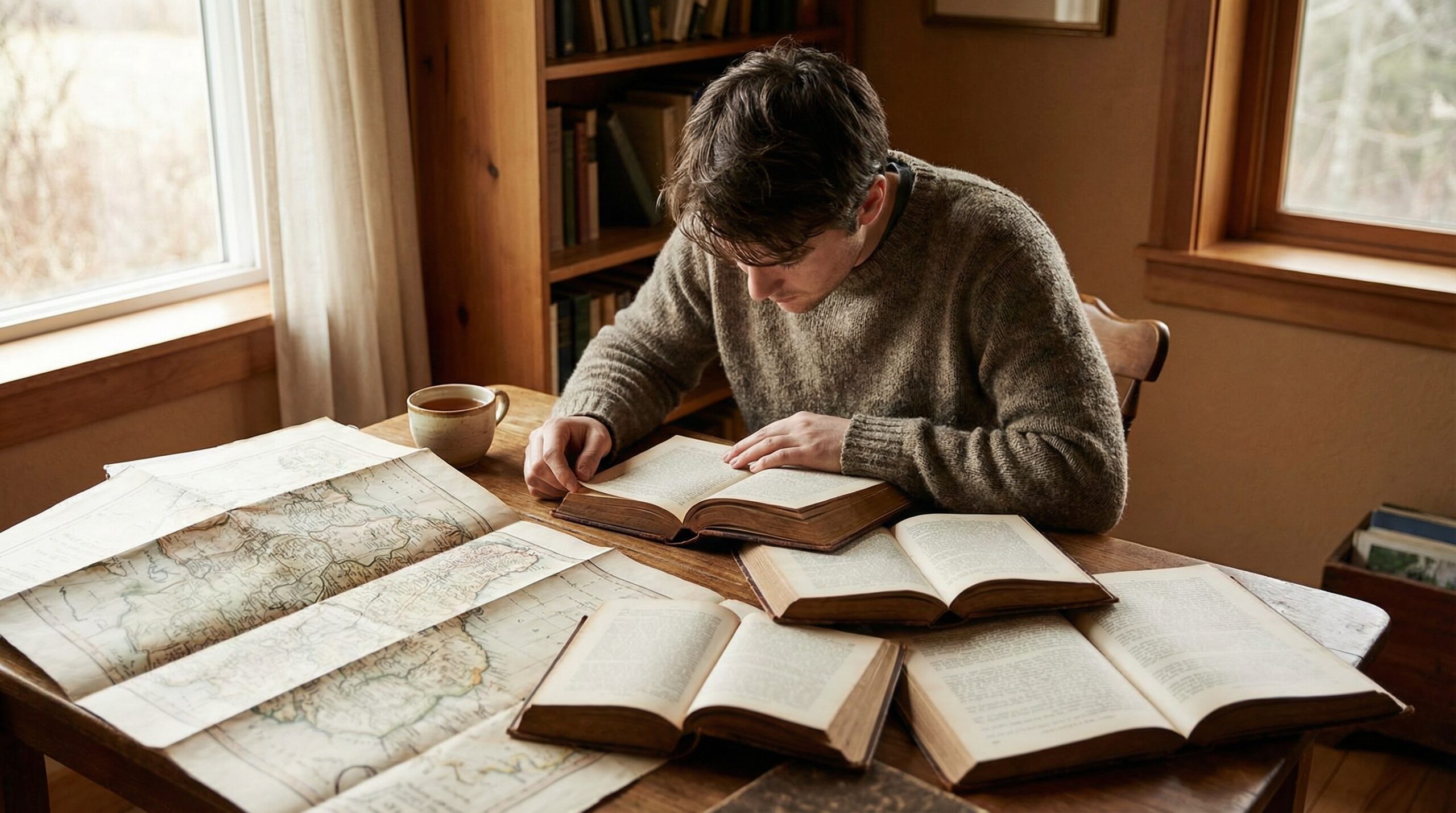Young man leaning over multiple open books and a large map on a wooden table, in absorbed study in warm window light