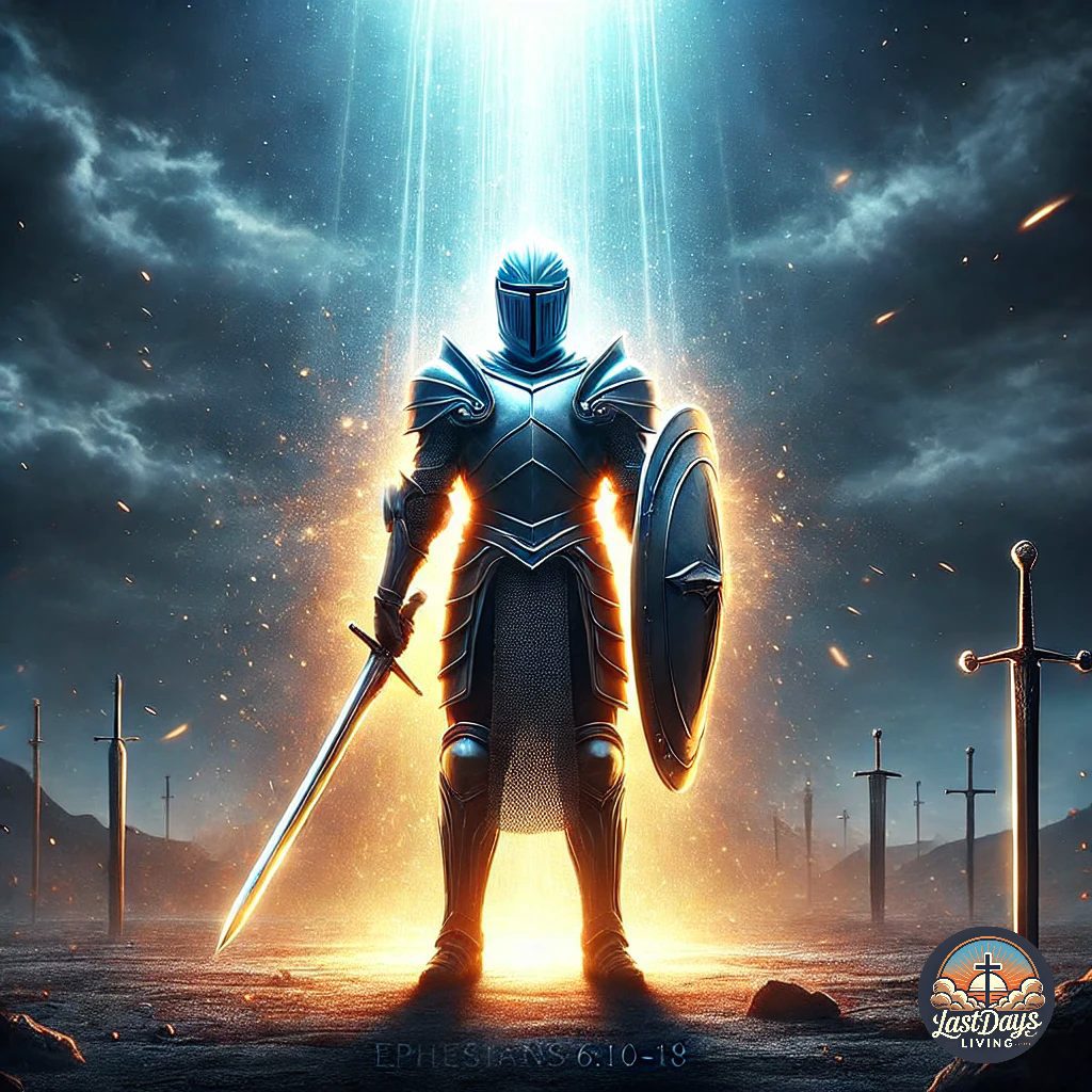 A person standing strong in spiritual warfare, wearing the symbolic armor of God with a glowing helmet, breastplate, shield, and sword, in a stormy background with spiritual forces.