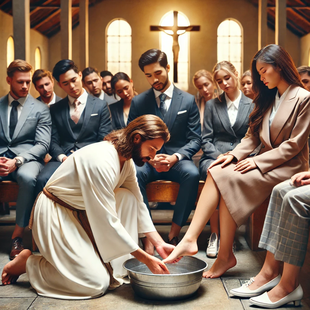 Jesus washing the feet of a group of people dressed in formal Sunday attire in a modern church setting.