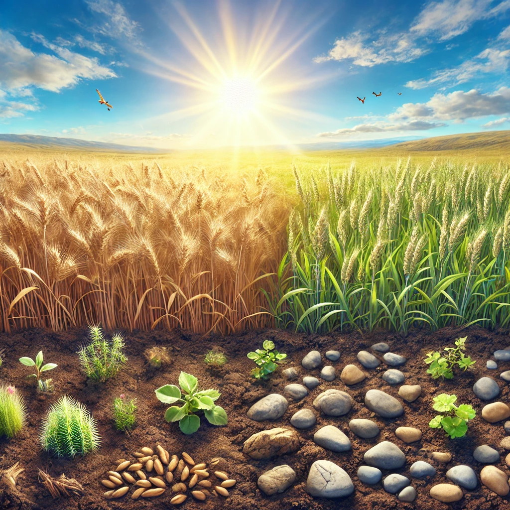 A peaceful wheat field showing sections of healthy wheat, rocky ground with few sprouts, and thorny weeds, representing the Parable of the Sower and receiving the Word.