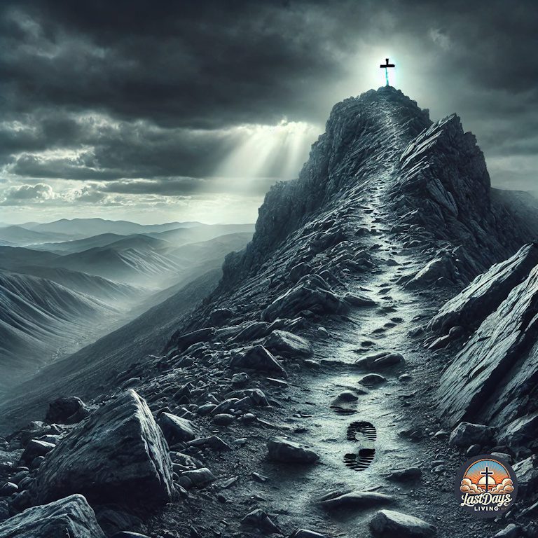 A rugged, rocky path winding up a steep hill under a darkening sky, leading to a shining cross at the summit, representing the perseverance required for the last days.