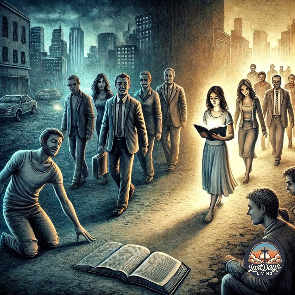 A group of people walking on a path, with some walking in light and clarity while others stumble in darkness. The background shows a declining city with crumbling buildings and dim lighting. People in the light carry Bibles, while those in darkness have closed eyes and appear lost.