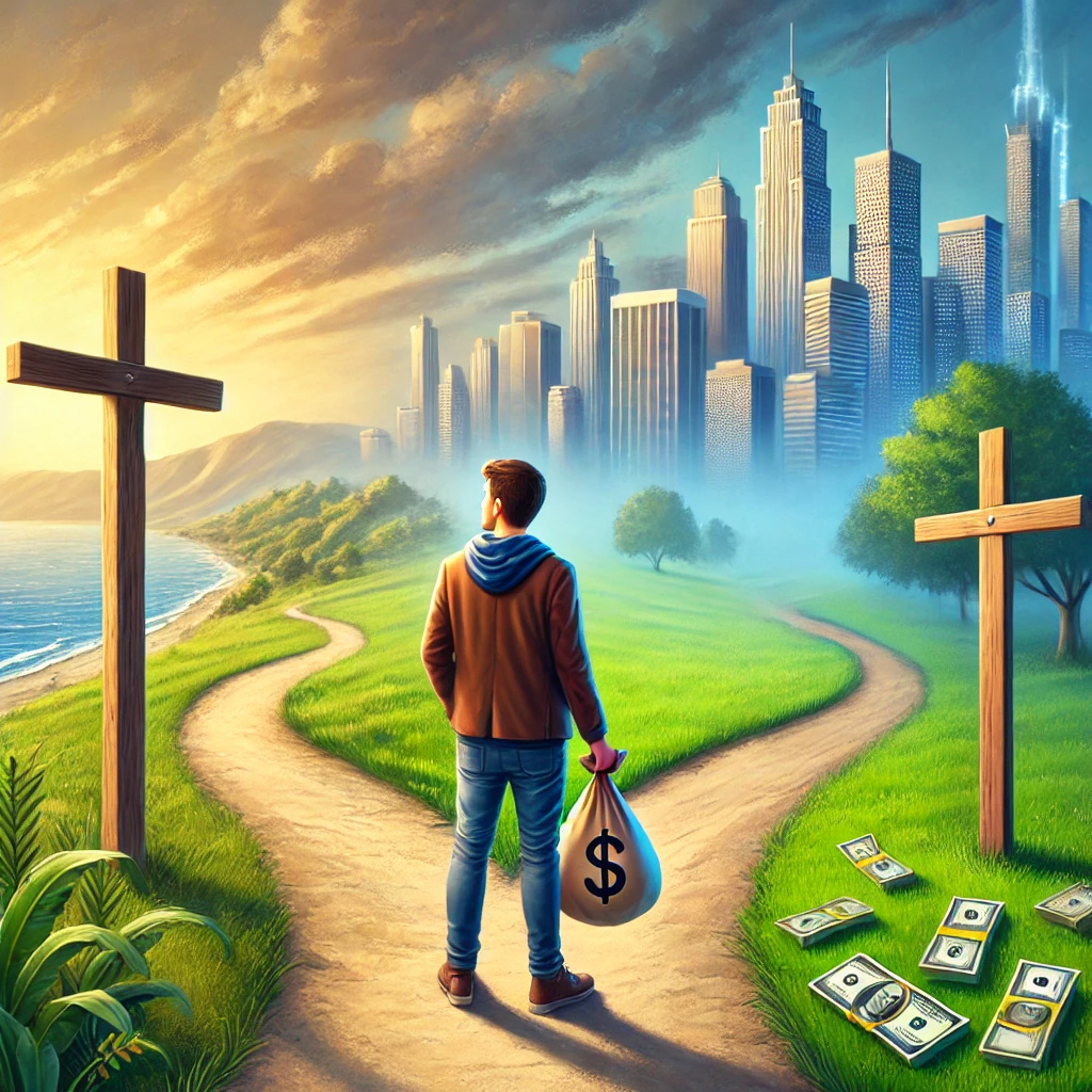 A young man stands at a crossroads, with one path passing a cross and leading to a serene paradise, and the other path leading to a city with money scattered along the way. Would you sell everything for Heaven?