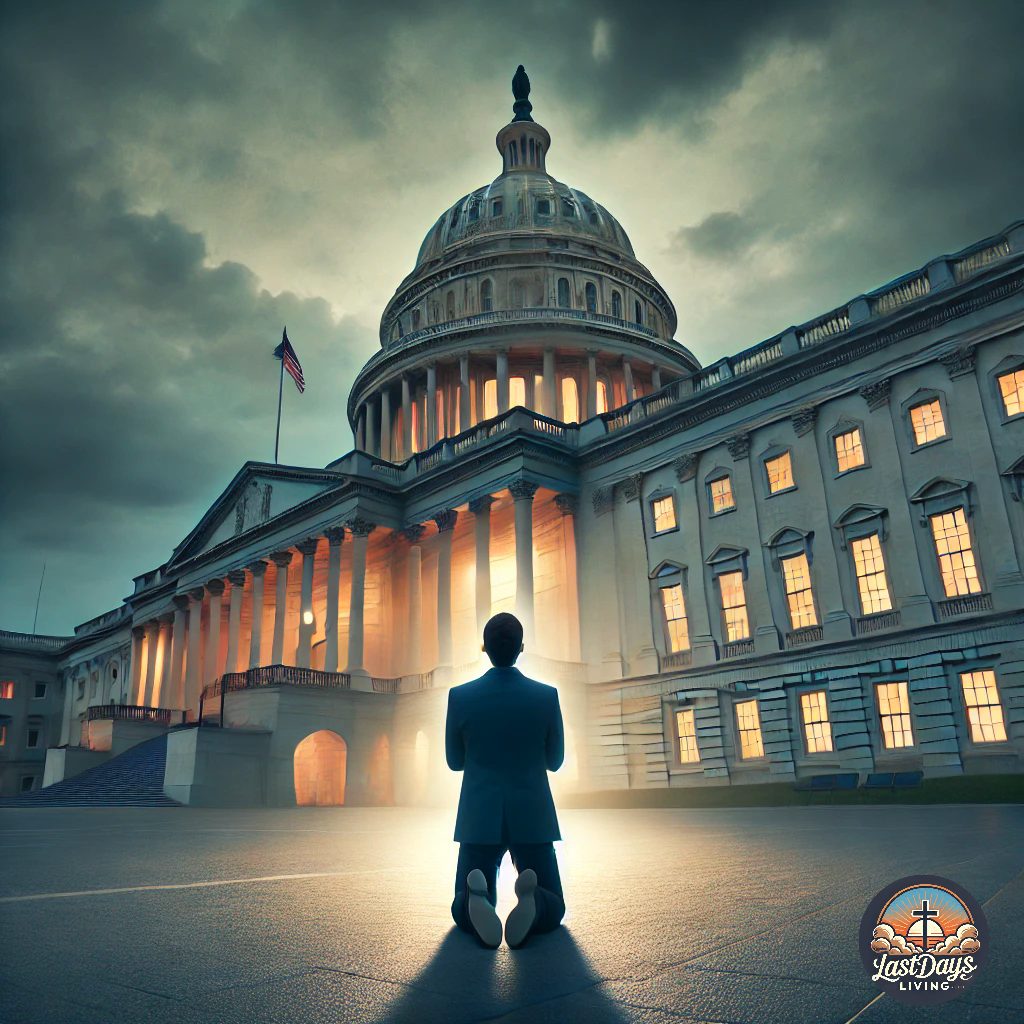 A Christian kneeling in peaceful prayer outside an imposing government building at twilight, with light breaking through dark clouds above.