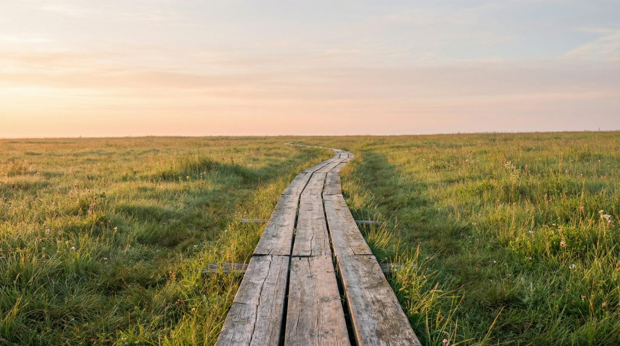 A weathered wooden boardwalk winding through an open green meadow under a soft pastel sunrise sky