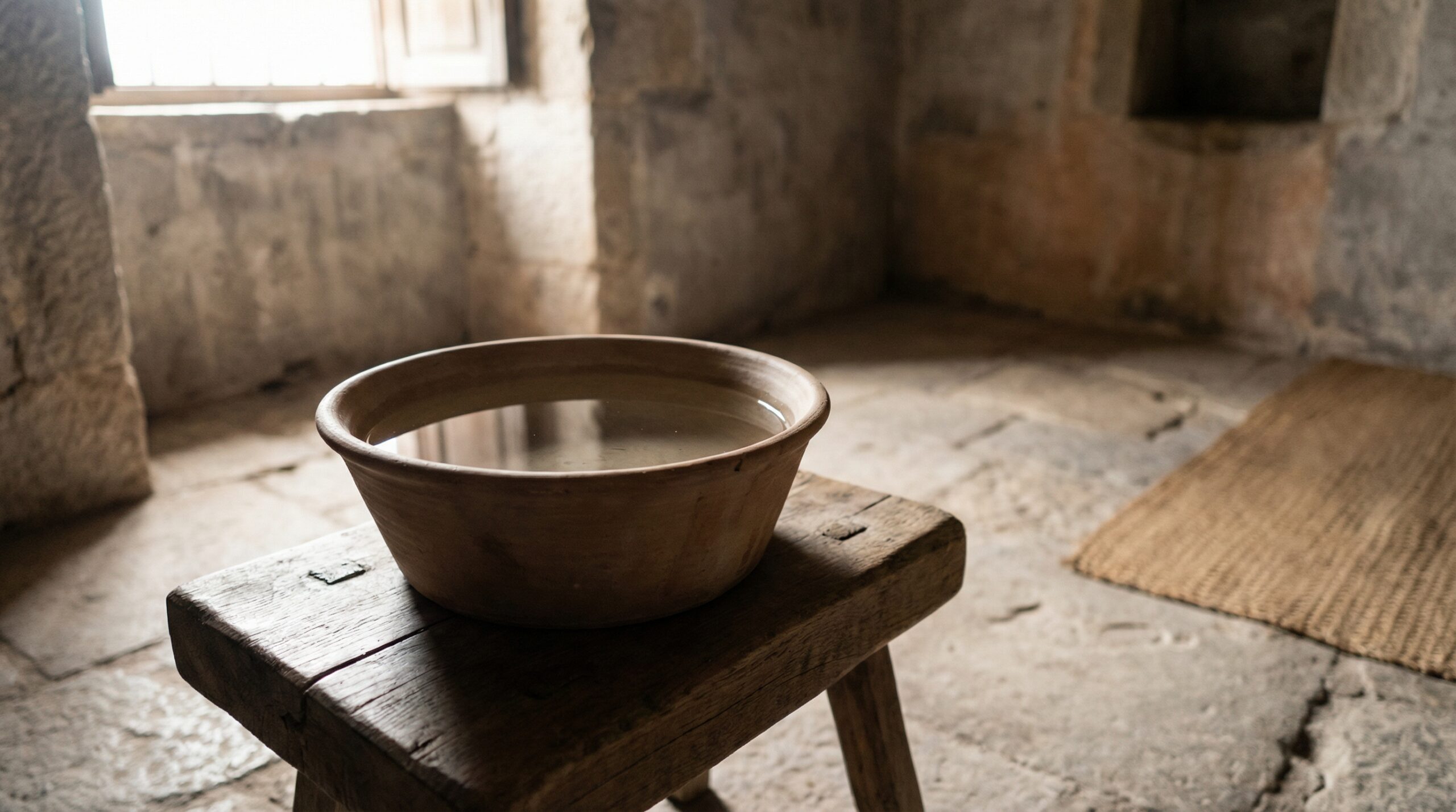 A clay basin filled with water resting on a rough wooden stool in a sparse stone room with soft window light