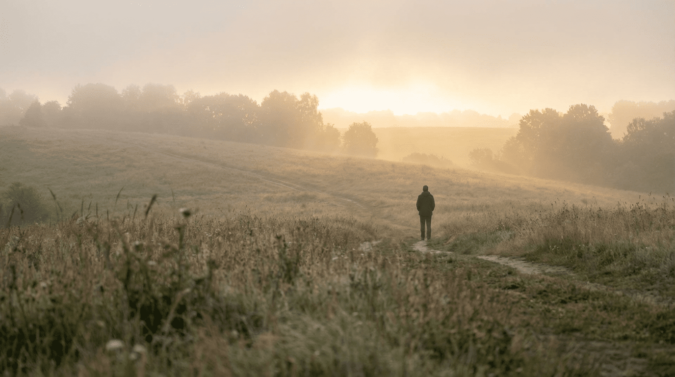 Man standing on a path in a misty field at sunrise, representing spiritual perception and the theme of seeing but not perceiving in Matthew 13.