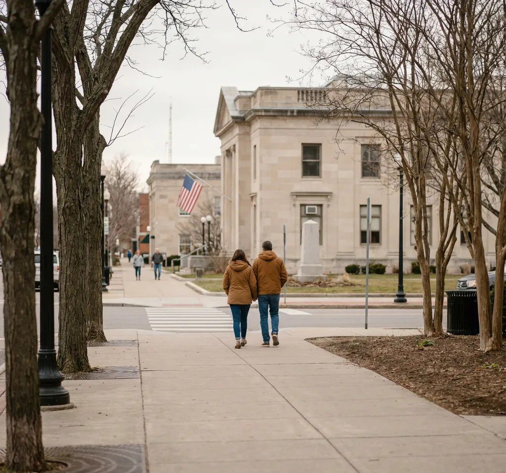Two people walk along a quiet sidewalk near a civic building, representing ordinary life lived faithfully within a public setting.