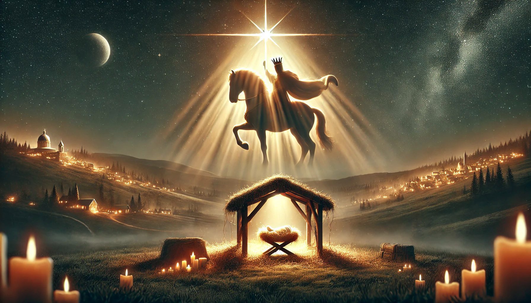 A serene and inspiring image symbolizing the nativity and the second coming of Christ. The scene features a humble manger with a glowing light emanating from the star in the heavens