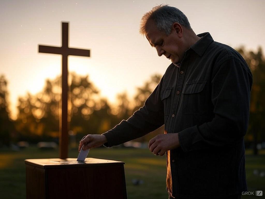 An illustration of a person voting at an outdoor station with a ballot in hand, under the watchful gaze of a radiant cross surrounded by celestial phenomena like comets and stars, symbolizing the intersection of civic responsibility and spiritual faith.