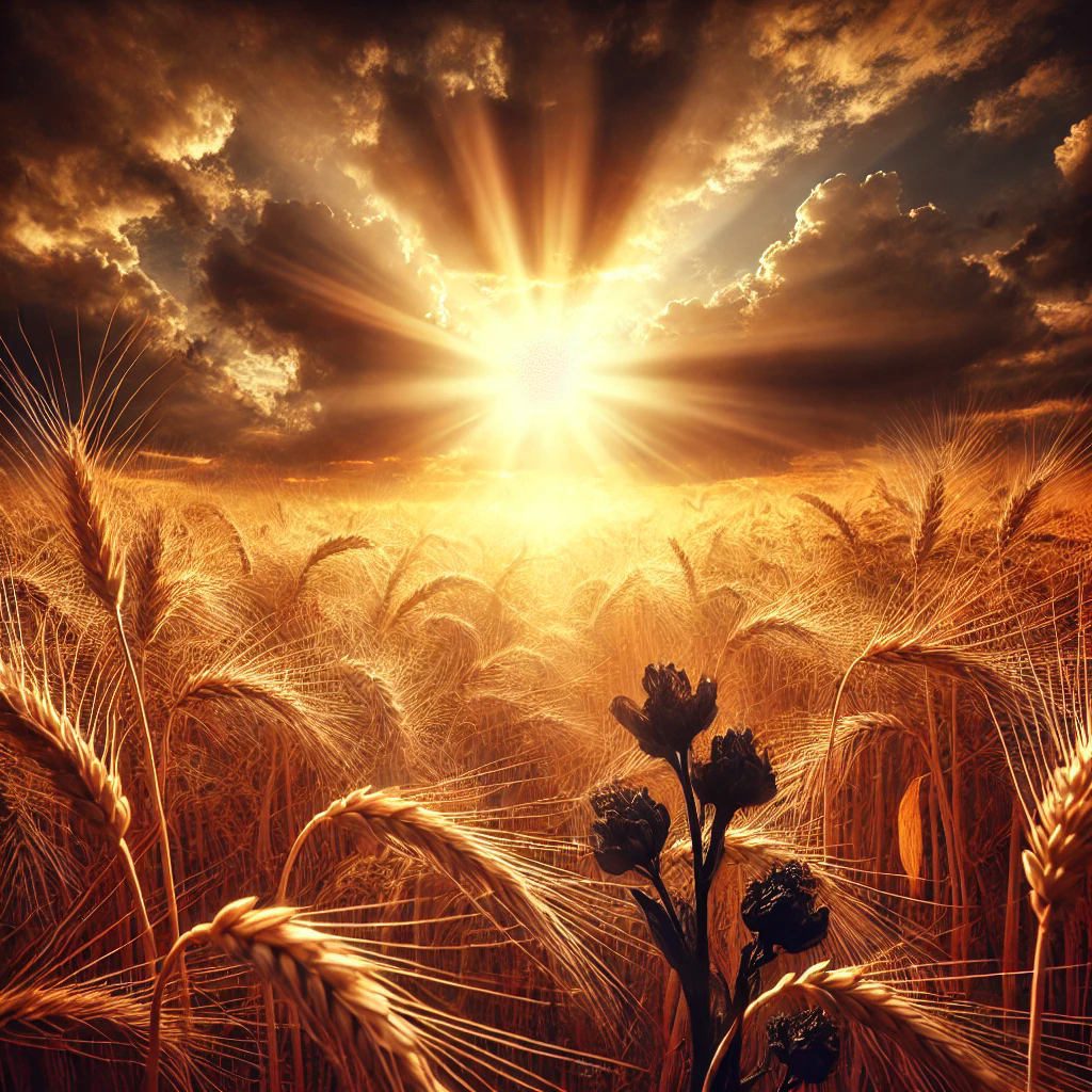 A dramatic sunset over a wheat field, with golden stalks glowing in the warm light. Among the wheat, dark and withered tares stand in contrast. Above, the sky is alive with movement as clouds part, revealing a radiant light shining down, symbolizing the second coming of Christ. Related to Christ's return.