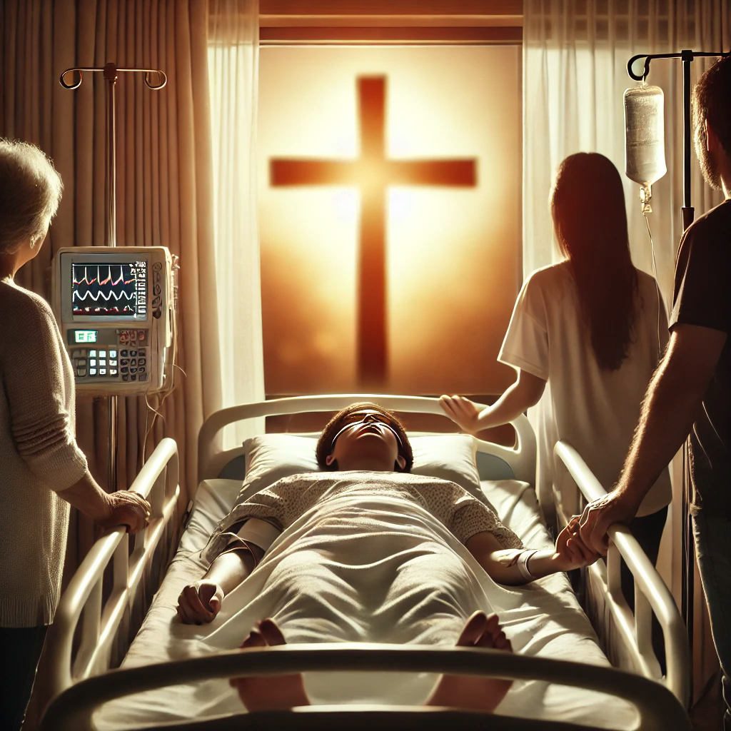 A peaceful hospital scene where a patient sleeps in bed, facing away from a window. Monitors are connected to the patient, while loved ones gather around, holding their hands. The family gazes out the window at a glowing cross in the distance, symbolizing faith, hope, and comfort. The room is softly lit, creating a warm and serene atmosphere. The loved ones are asking why do christians suffer after being saved?