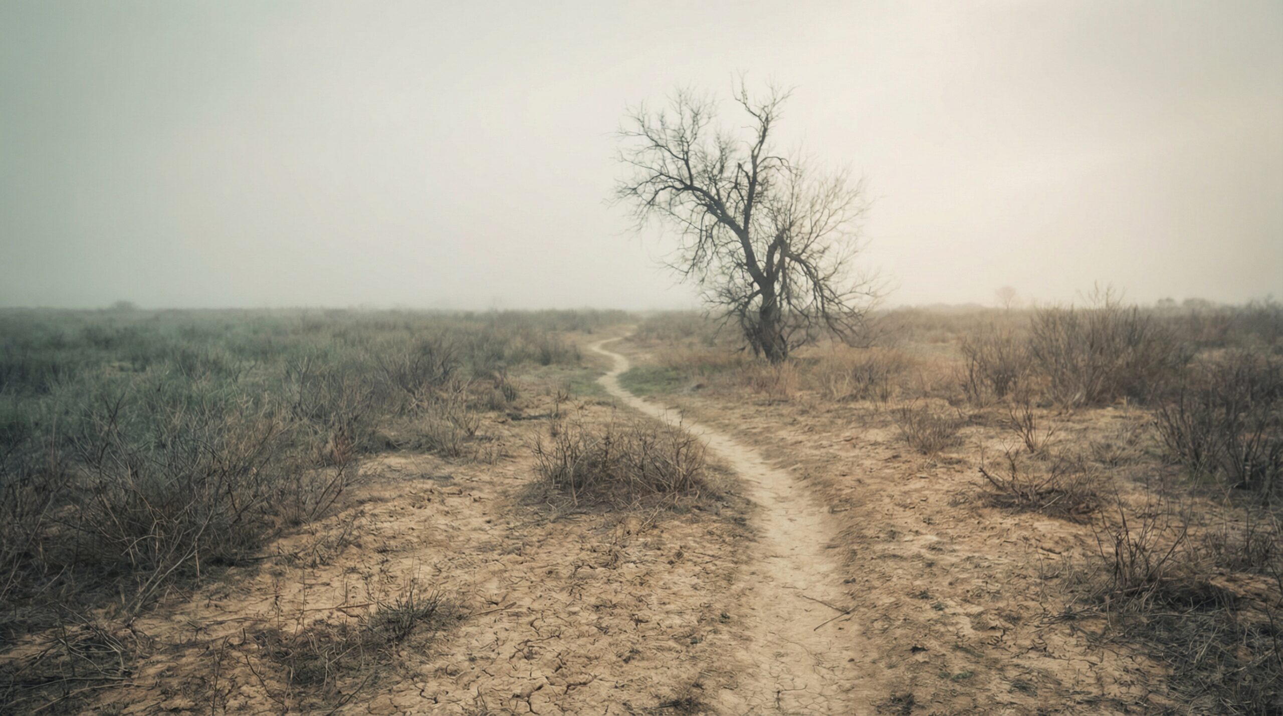 A narrow dirt path winding through dry cracked earth toward a single bare tree standing in soft grey mist