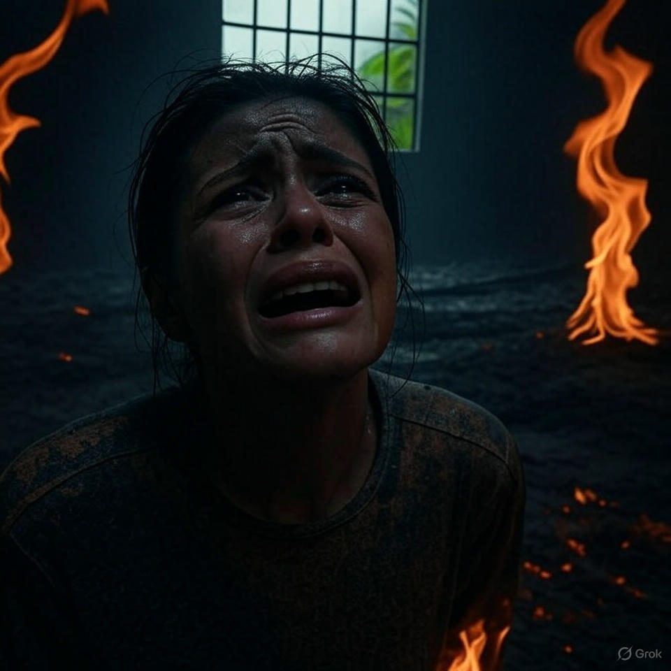 A lone figure in anguish kneels in a dark, empty space framed by towering flames. In the background, a small barred window reveals a glimpse of paradise with lush greenery, symbolizing its unattainable nature.