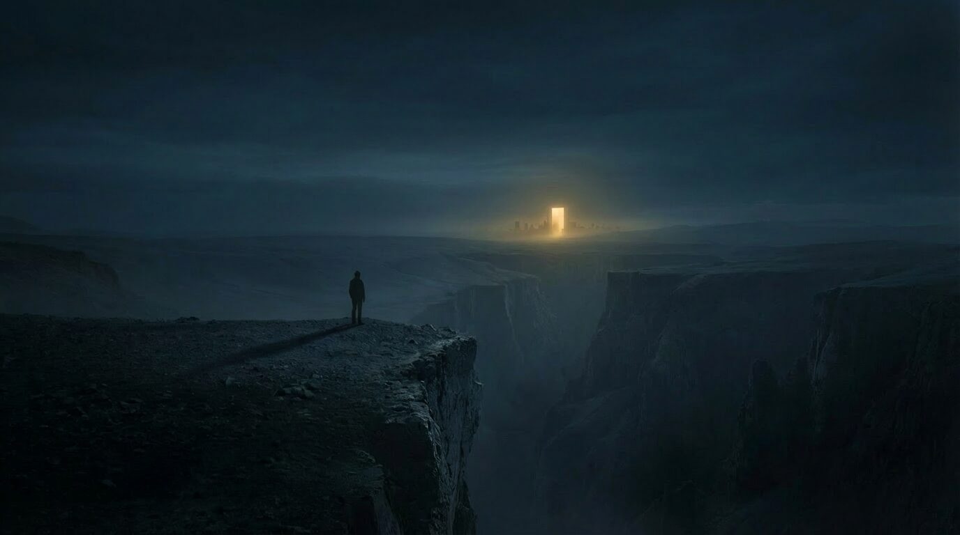 A lone figure stands at the edge of a vast canyon, looking toward a distant city of light across an uncrossable chasm, illustrating eternal separation from God's presence.