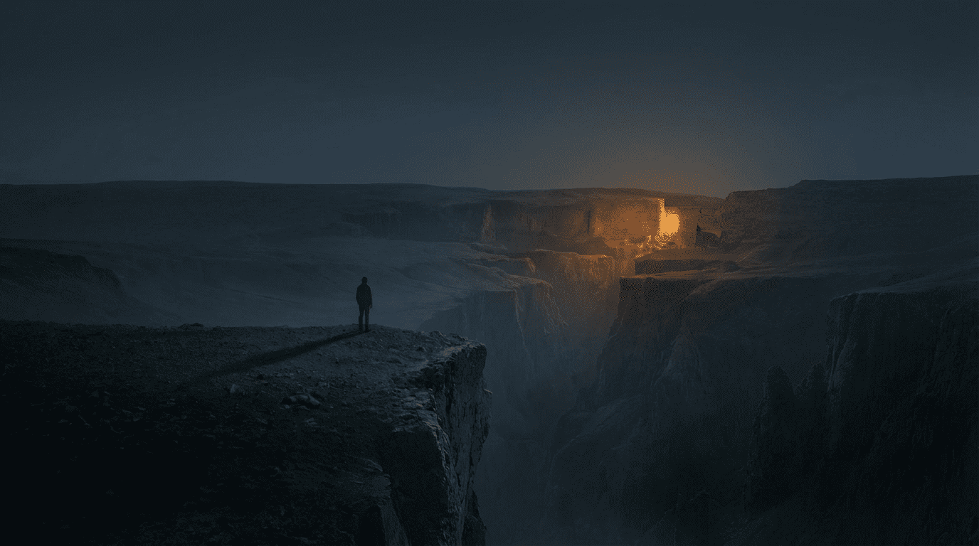 A lone figure standing at the edge of a dark rocky cliff looking across an impassable chasm toward warm amber light glowing from a stone structure on the far side
