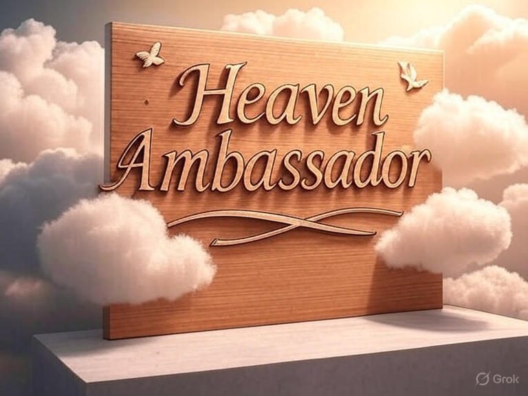 A wooden sign reading "Heaven Ambassador" stands prominently, set against a backdrop of soft, golden clouds, symbolizing God's Eternal Kingdom. The sign is adorned with a dove and a cross, representing the Holy Spirit and Christian faith, reflecting the ambassador's role in diplomacy, representation, and spiritual awareness as inspired by 2 Corinthians 5:20.