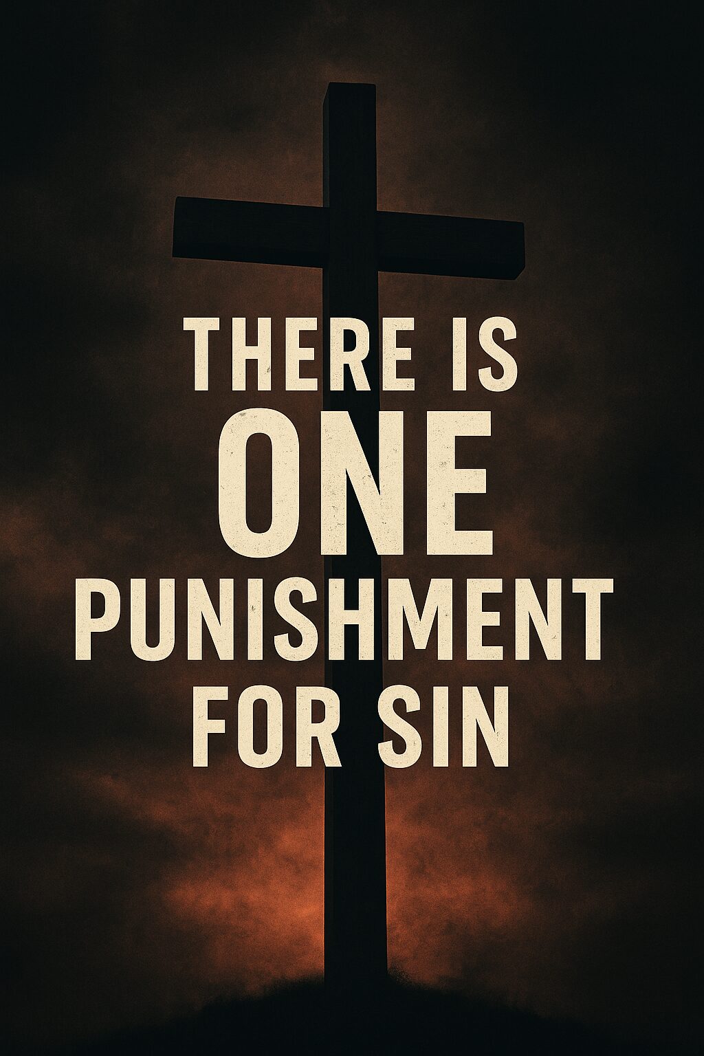 Wooden cross on a hill under stormy skies with glowing red clouds and bold text stating 'There is One Punishment for Sin