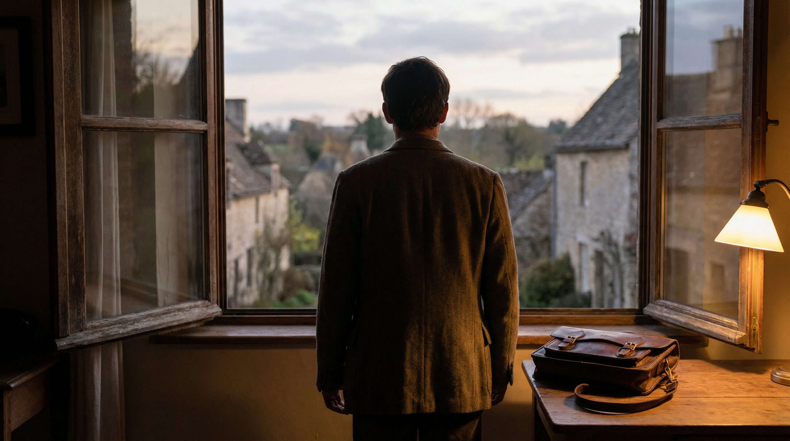 A figure seen from behind standing at an open window overlooking a quiet stone village at dusk, a worn leather satchel resting on the desk beside him