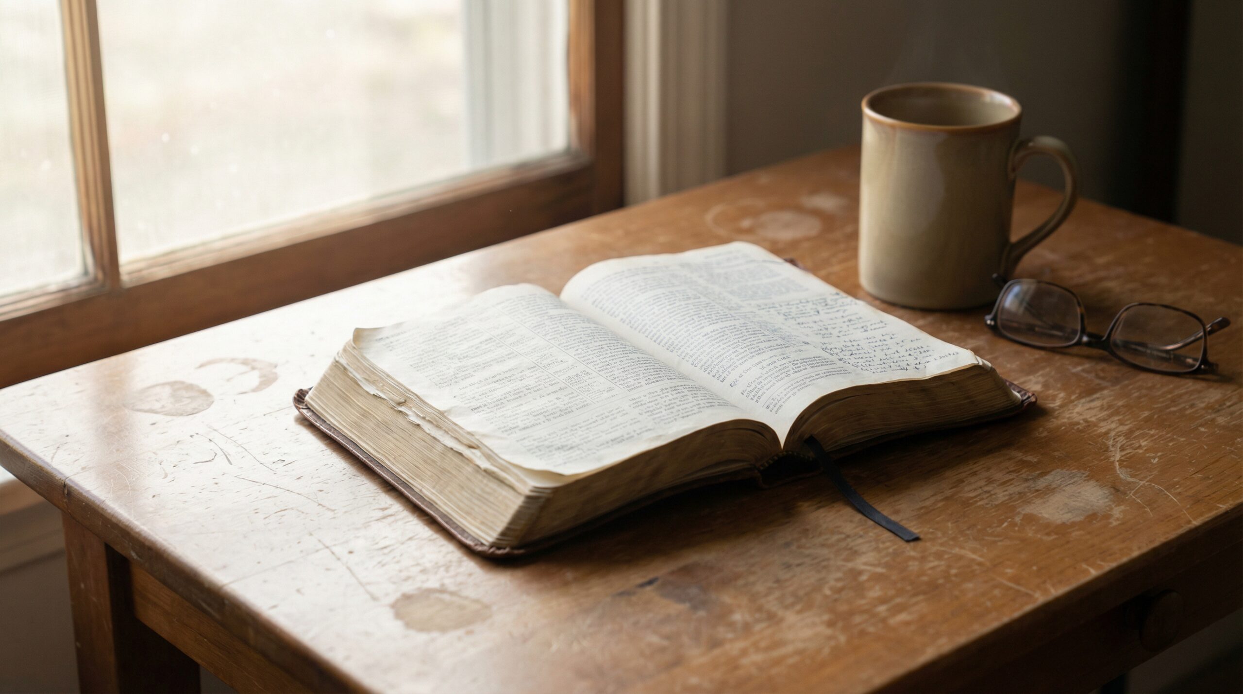 A well-worn open Bible with handwritten notes in the margins resting on a scratched wooden table beside a ceramic mug and folded glasses in soft morning window light