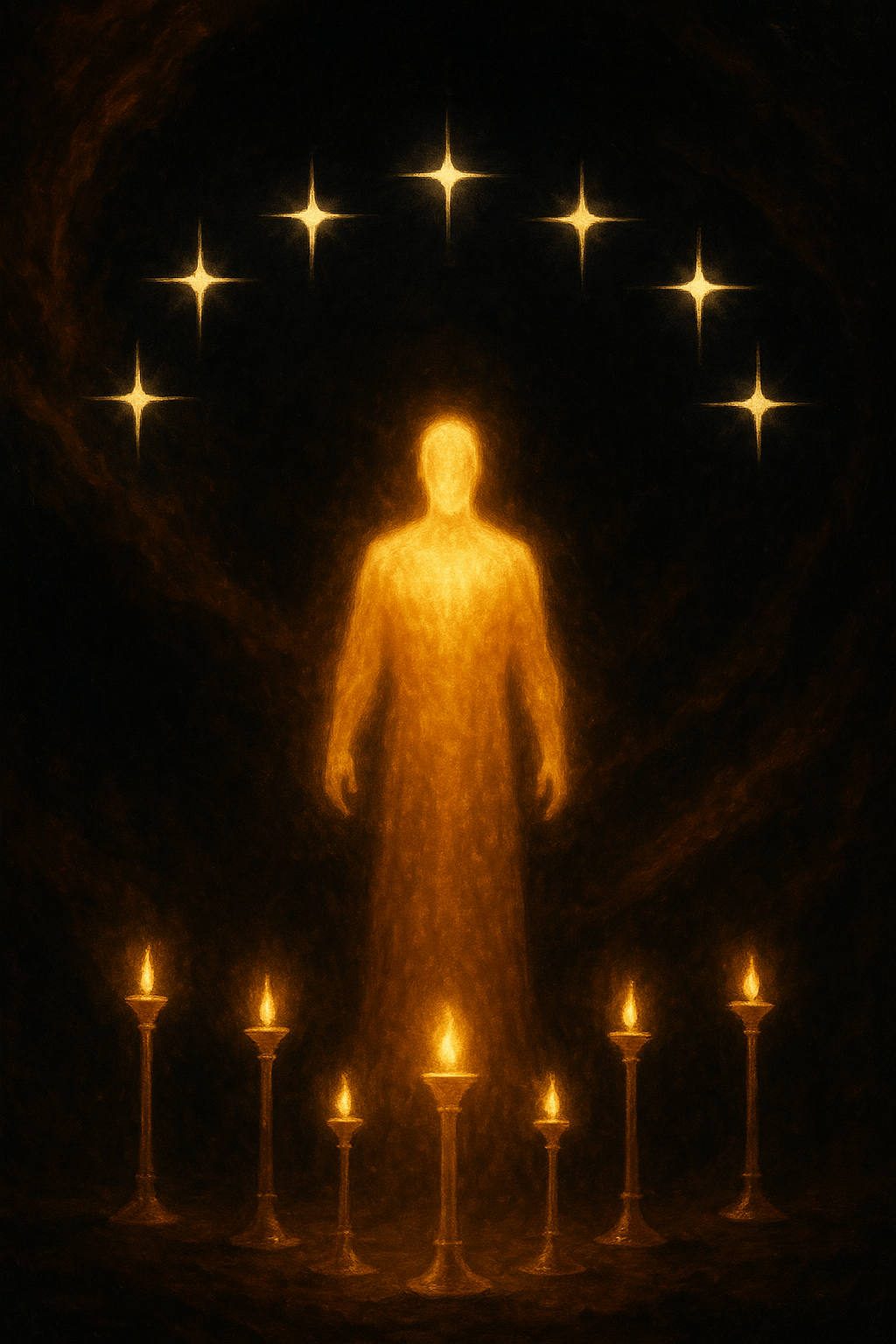 An abstract cosmic scene showing a radiant, faceless figure among seven golden lampstands with seven bright stars arched overhead; the dark, swirling backdrop and the question “which church do you belong to” evoke the letters to the seven churches in Revelation.
