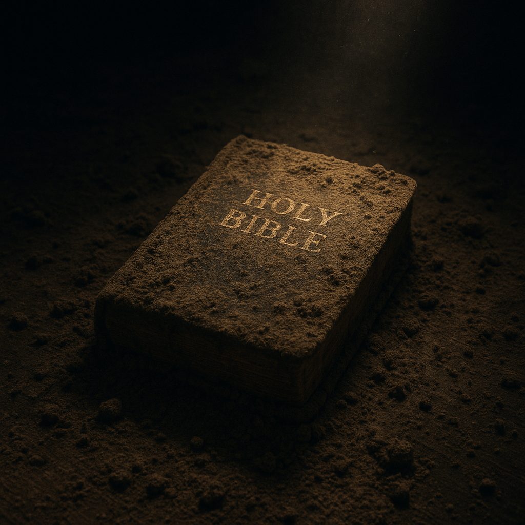 A closed Holy Bible lies on a dark wooden table, buried in layers of dust and dirt, illuminated by a single beam of light in an otherwise shadowy room.
