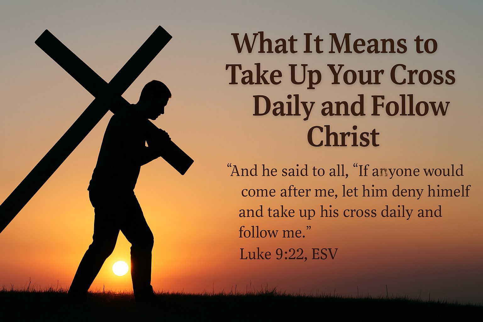Silhouette of a man carrying a large wooden cross at sunset, symbolizing the call to take up your cross daily and follow Christ.
