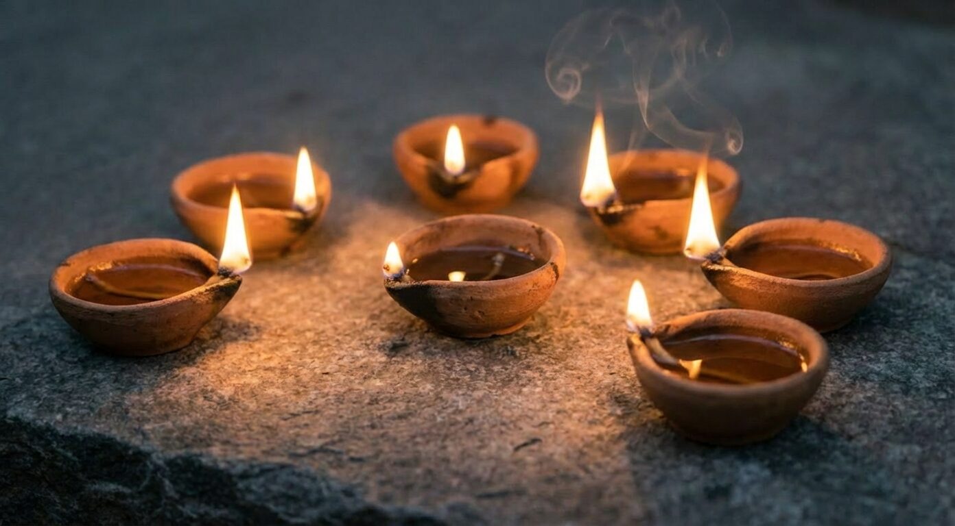 Seven ancient oil lamps burning with varying flames on stone surface