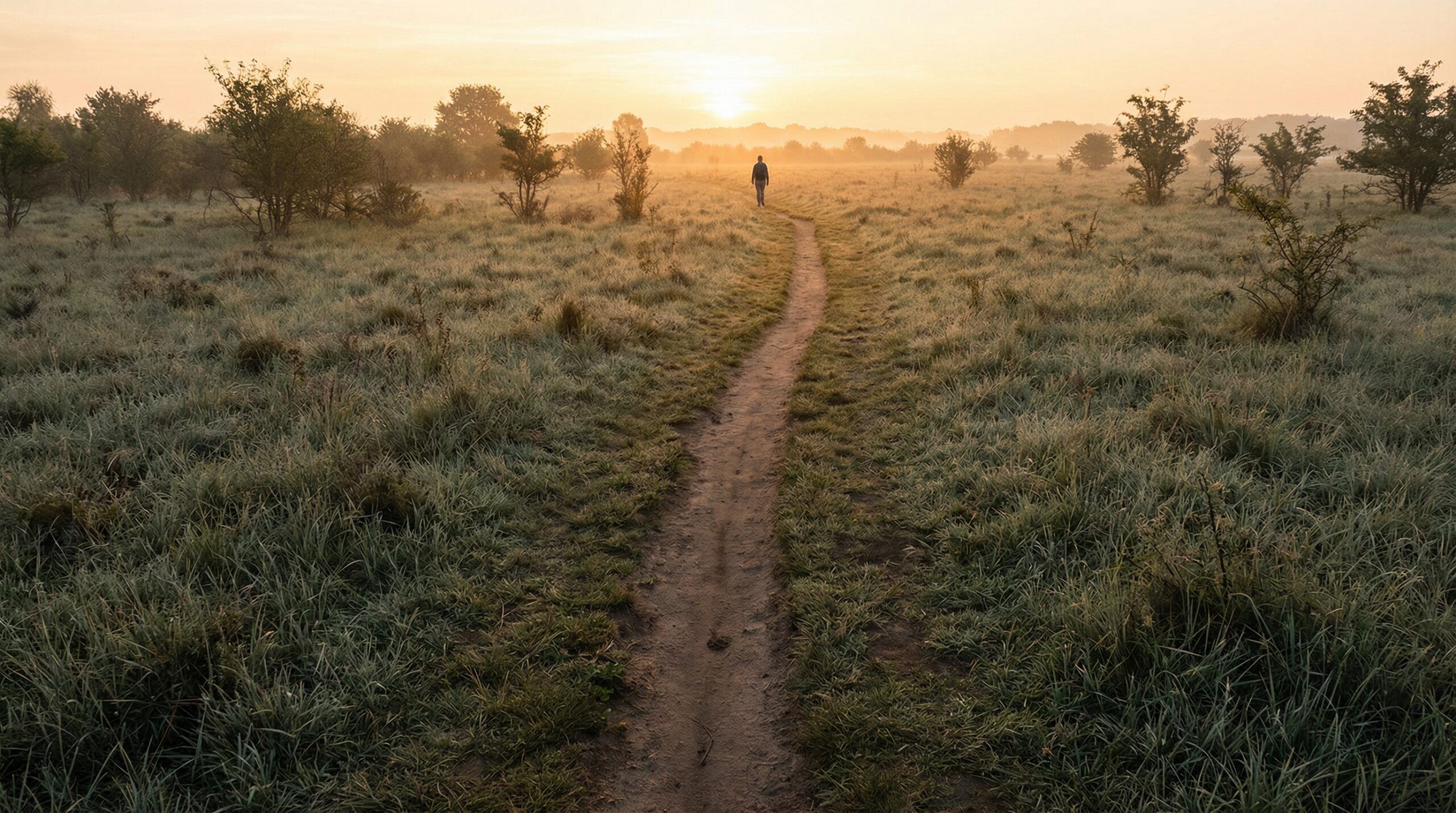 A lone figure walking a narrow path through a frost-covered field at sunrise