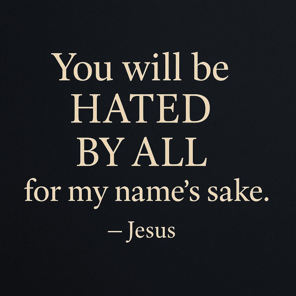 Christian quote graphic featuring the words of Jesus: “You will be hated by all for my name’s sake.” The design uses bold cream-colored text on a dark textured background, emphasizing the word “HATED.”