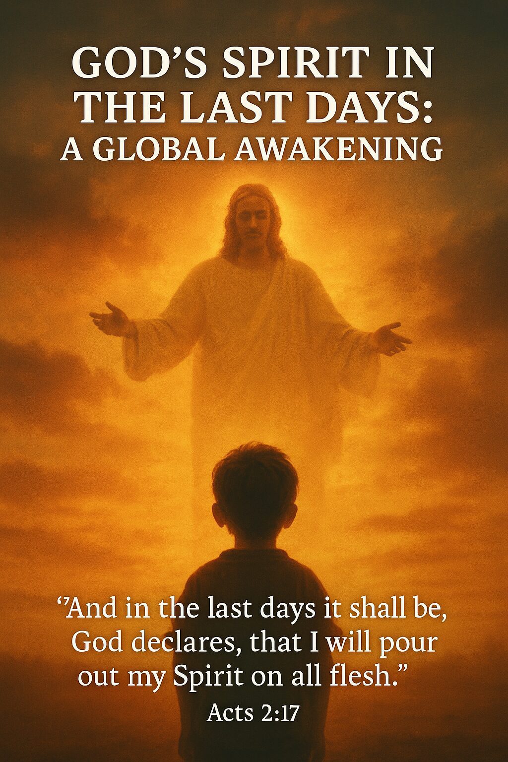A child gazes toward a radiant vision of Jesus in glowing light with Acts 2:17, symbolizing God’s Spirit poured out in the last days.