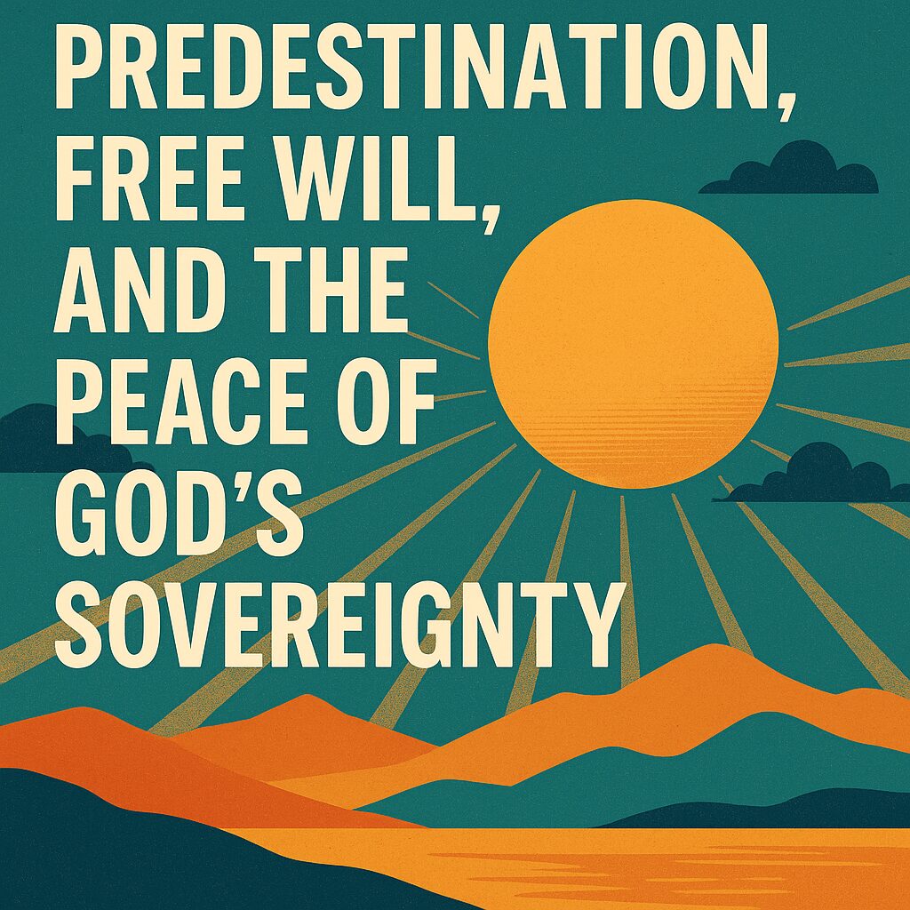 Inspirational Christian graphic with the words “Predestination, Free Will, and the Peace of God’s Sovereignty” over a stylized sun and mountains background.