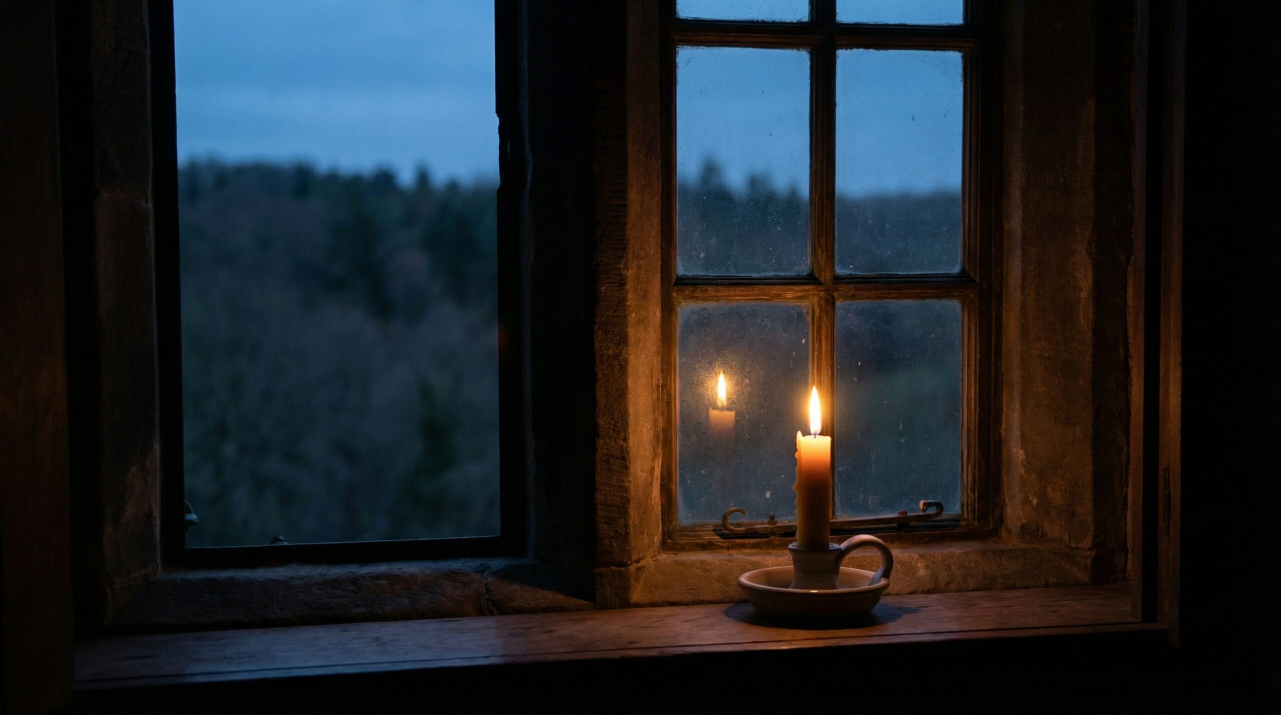 A candle burning in a ceramic holder on an old wooden windowsill at dusk, with a misty landscape beyond the glass