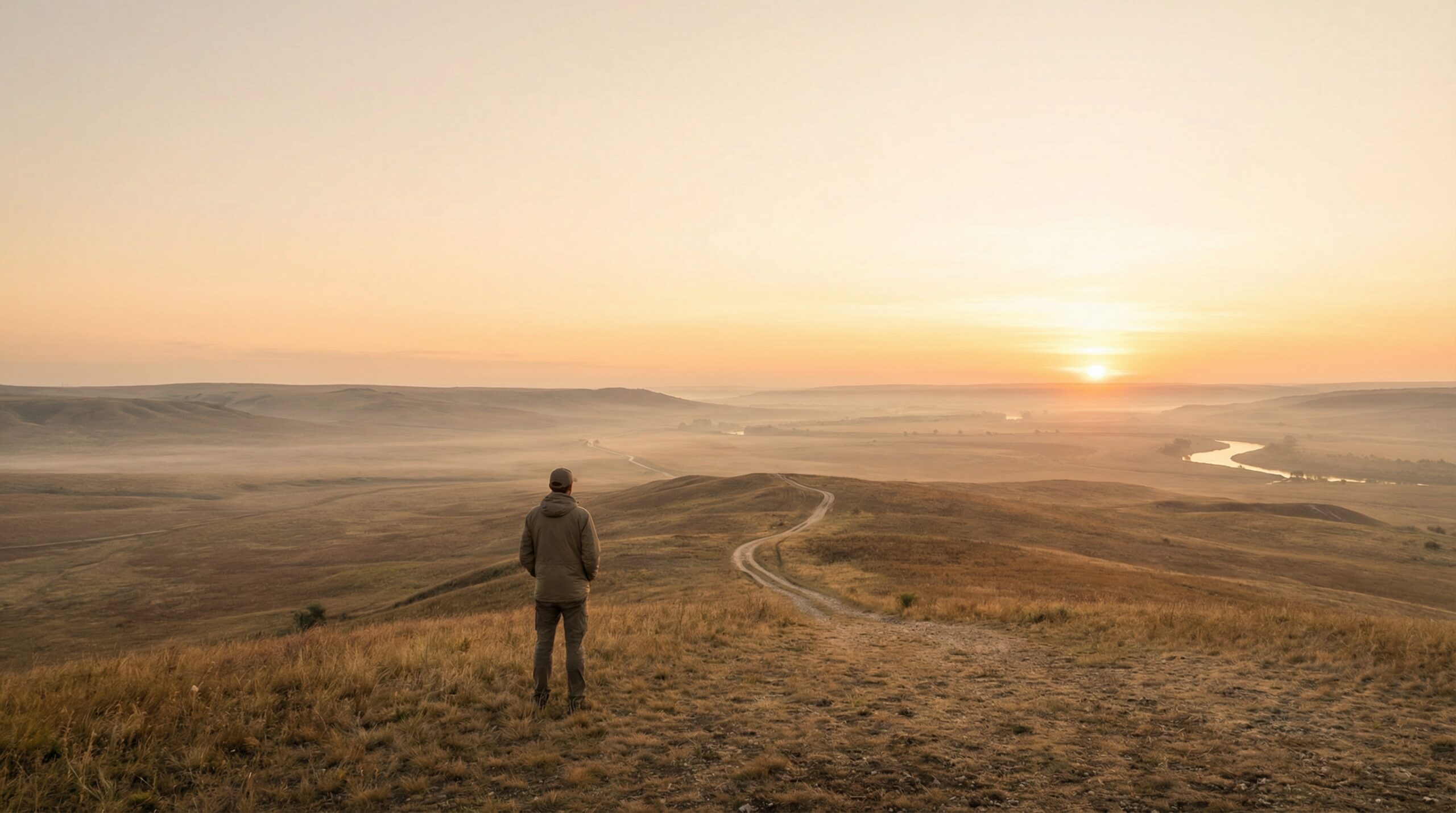 A lone figure standing on a hillside looking out over a broad misty valley at sunrise