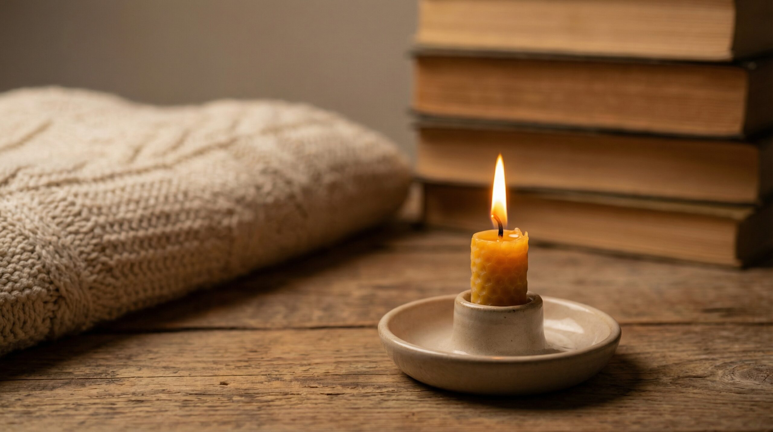 A small beeswax candle burning in a ceramic dish on a weathered wooden table